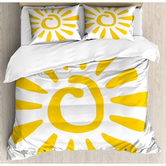 Sun Duvet Cover Set, Doodle Style Sun Circle and Rays Burst Beams Nature Hot Summertime, Decorative 3 Piece Bedding Set with 2 Pillow Shams, Queen Size, Yellow White, by Ambesonne