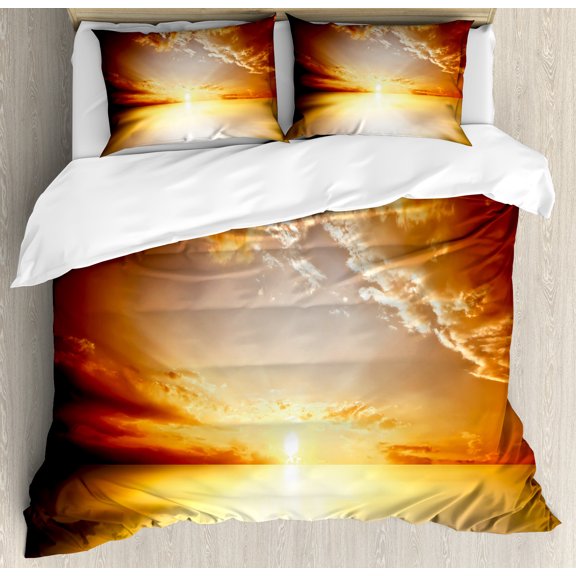 Sun Duvet Cover Set, Majestic Sunset View Tranquil Horizon Dramatic Skyscape Clouds Ocean Outdoors, Decorative 3 Piece Bedding Set with 2 Pillow Shams, Calking Size, Yellow Dark Orange, by Ambesonne