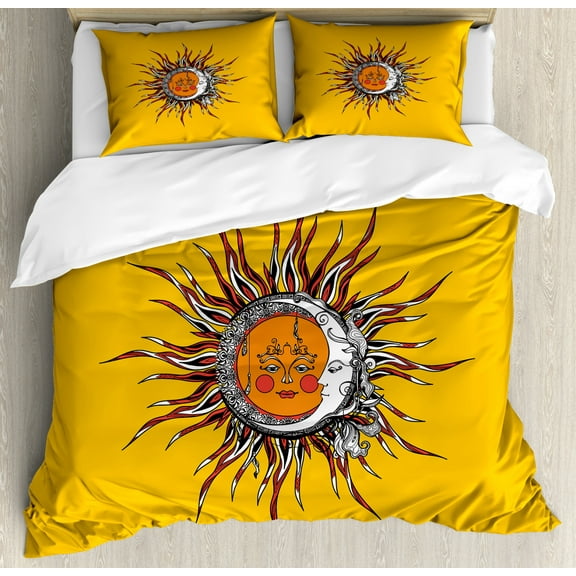 Sun Duvet Cover Set Queen Size, Abstract Celestial Patterns with Anthropomorphic Faces Leaves and Swirled Stripes Sky, Decorative 3 Piece Bedding Set with 2 Pillow Shams, Multicolor, by Ambesonne