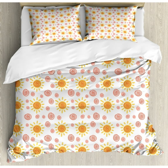Sun Duvet Cover Set Queen Size, Repeating Sun Motifs with Hand-drawn Swirls and Rays Kids Cartoon Style, Decorative 3 Piece Bedding Set with 2 Pillow Shams, Dark Coral and Yellow, by Ambesonne