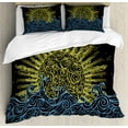 thumbnail image 1 of Sun Duvet Cover Set Queen Size, Wavy Ocean with Sun Motif Swirled Arrangement Exotic Summer Design, Decorative 3 Piece Bedding Set with 2 Pillow Shams, Yellow Blue and Charcoal Grey, by Ambesonne, 1 of 3