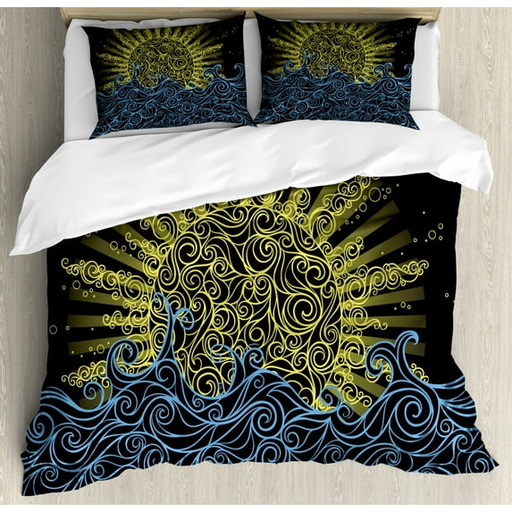 Sun Duvet Cover Set Queen Size, Wavy Ocean with Sun Motif Swirled Arrangement Exotic Summer Design, Decorative 3 Piece Bedding Set with 2 Pillow Shams, Yellow Blue and Charcoal Grey, by Ambesonne