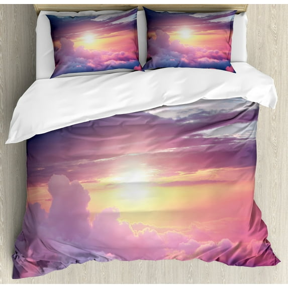 Sun Duvet Cover Set, Surreal Sky with Fluffy Clouds Dreamy Horizon Tranquility Panorama, Decorative 3 Piece Bedding Set with 2 Pillow Shams, King Size, Pale Pink Pale Blue, by Ambesonne