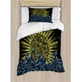 thumbnail image 1 of Sun Duvet Cover Set Twin Size, Wavy Ocean with Sun Motif Swirled Arrangement Exotic Summer Design, Decorative 2 Piece Bedding Set with 1 Pillow Sham, Yellow Blue and Charcoal Grey, by Ambesonne, 1 of 3