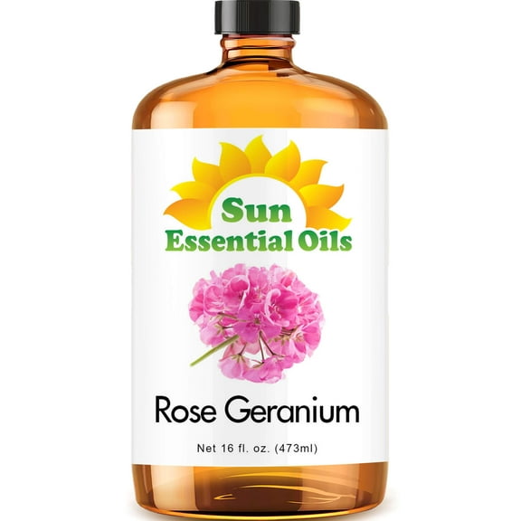 Sun Essential Oils - Rose Geranium Essential Oil 16oz for Aromatherapy, Diffuser, Calming, Skin Care