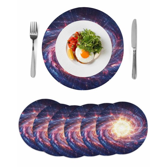 Sun Explosion Round 13 Inch Placemats Set of 6, Modern Abstract Art Galaxy Universe HeatResistant Non Slip Place Mats for Dining Table, Wipeable Braided Kitchen Table Mats for Housewarming