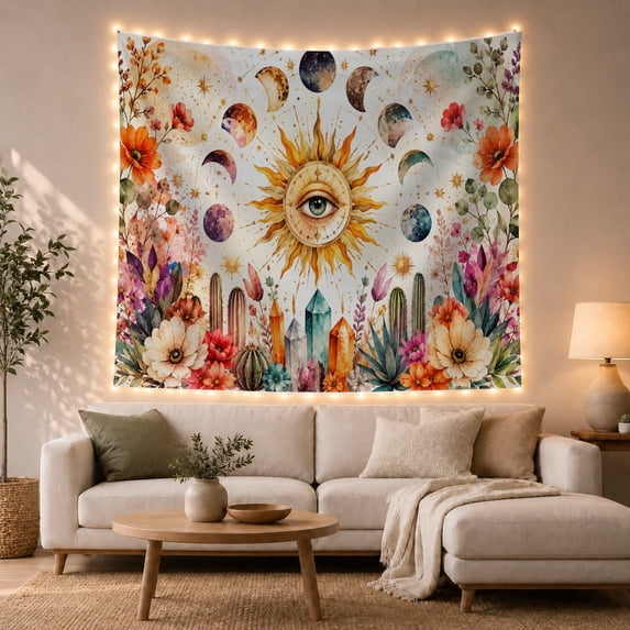 Sun with an Eye and Moon Phases on a Cream Background, Mystical Watercolor for Space Lovers, Cosmic Art Decor, Housewarming Gift, Tapestry Wall Hanging for Bedroom and Living Room