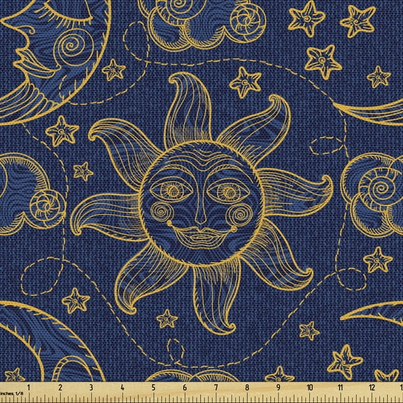 Ambesonne Sun Fabric by the Yard Upholstery, Vintage Doodle Style Star, 3 Yards, Navy Blue Marigold