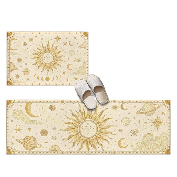 Sun Face 2 Pieces Non-Slip Kitchen Mat Set, Vintage Boho Mystical Gold Radiant Beam Moon Phases Star Soft Door Mat with Rubber Backing, Dirtproof Rugs for Entrance Doorway, 23.6x35.4in+23.6x70.9in