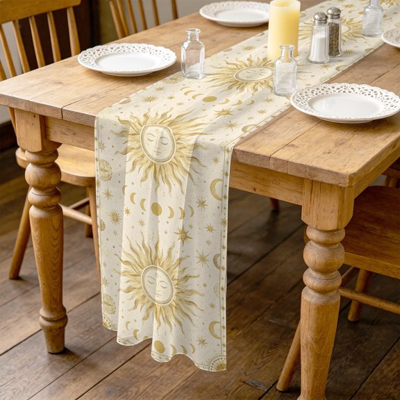 Sun Face 4.5ft Cheesecloth Table Runner for Wedding 19"x55", Vintage Boho Mystical Gold Radiant Beam Moon Phases Star Kitchen Dinner Sheer Tulle Chiffon Dresser Scarf, Holiday Party Decorations