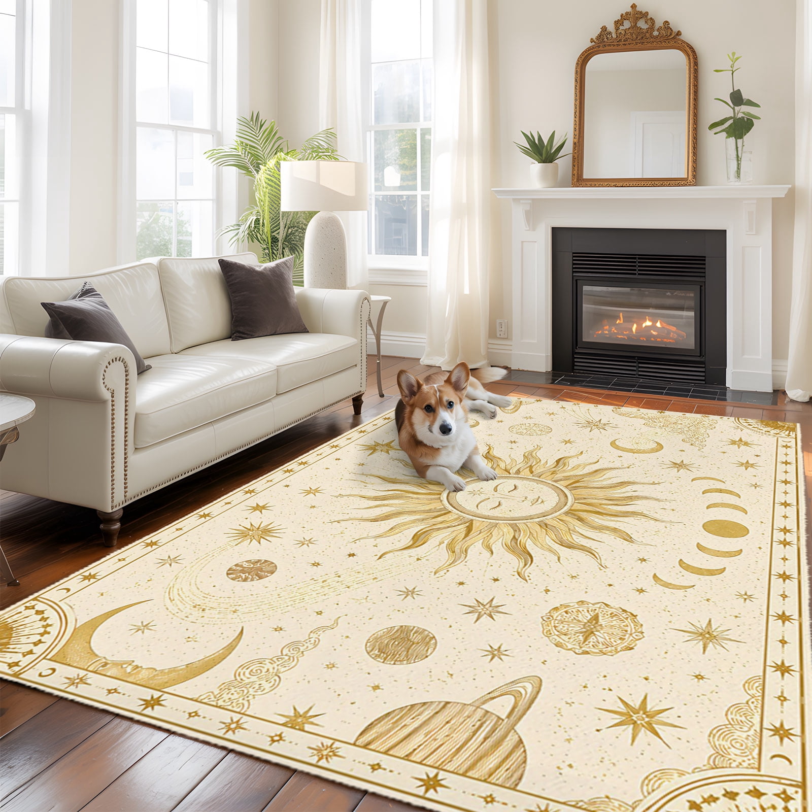 Moon Patterned Rugs Sun Face Area Rugs 5x7ft Vintage Boho Mystical Gold Radiant Beam Moon ...