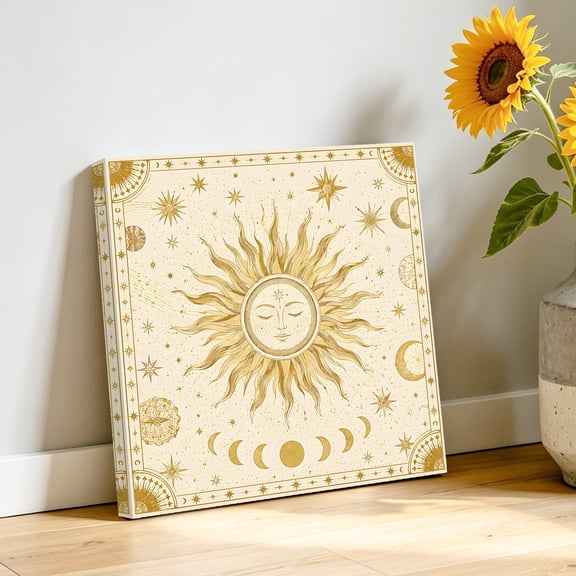 Sun Face Canvas Wall Art, Vintage Boho Mystical Gold Radiant Beam Moon Phases Star Pictures Wall Decor Wooden Framed Artwork Art Prints for Living Room Hallway Bedroom Office 12"x12"