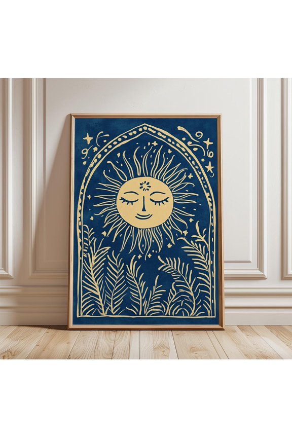 Sun Face Celestial Wall Art Boho Moon Stars Mystical Illustration Unframed Paper Print
