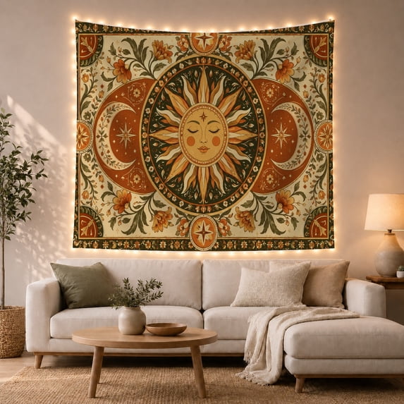 Sun Face With Crescent Moons And Flowers Mystical Boho Art for Celestial Art Lovers Sun Moon Decor Housewarming Gift Tapestry Wall Hanging for Bedroom, Living Room and Dorm
