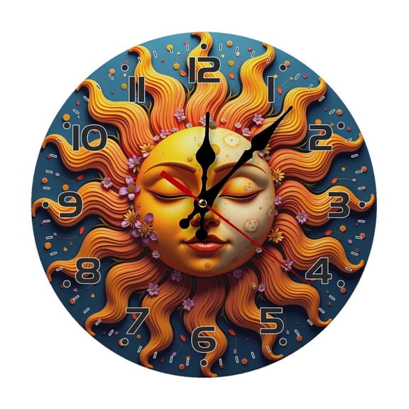 Sun Face Fantasy Wall Clock 10 Inch Silent Non Ticking Round Wooden Clock Decoration for Living Room Kitchen Bedroom Bathroom Office Classroom