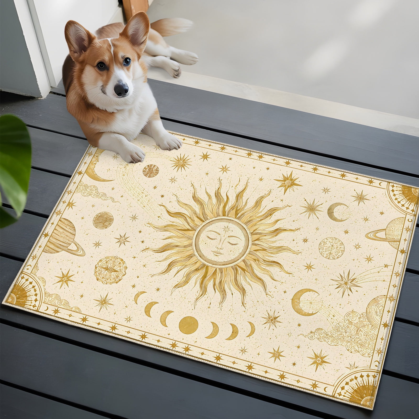 Moon Patterned Rugs Sun Face Front Door Rugs 2x3ft Vintage Boho Mystical Gold Radiant Beam ...