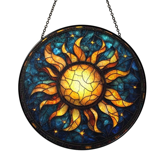 Sun Face Glass Window Suncatcher, Boho Mandala Celestial Hanging Decor, Artistic Sun Design for Window Light and Home Decor