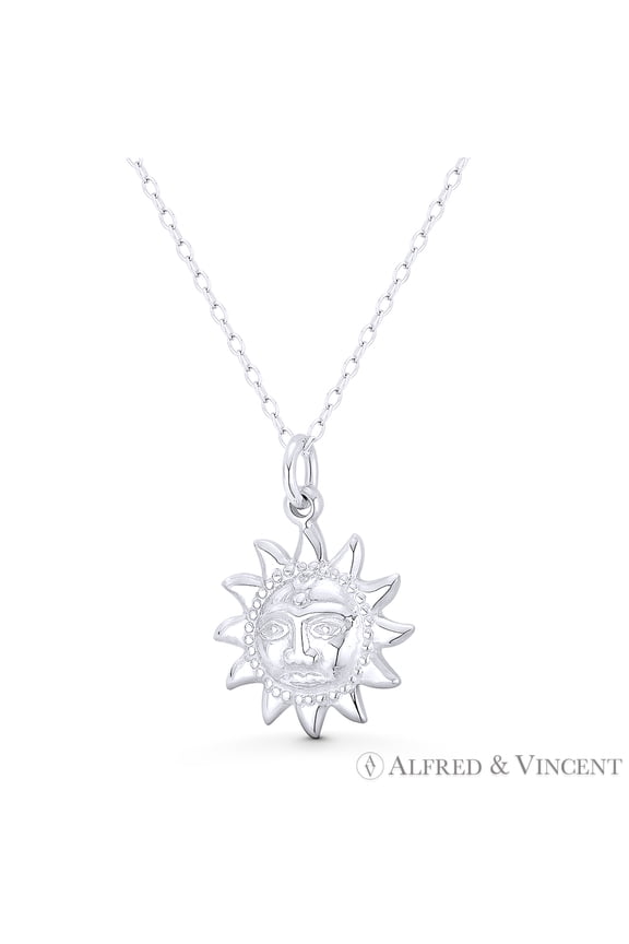 Sun Face Incan / Mayan Tribal Jewelry Astrological Charm 32x17mm (1.3x0.7in) Pendant & Chain Necklace in .925 Sterling Silver