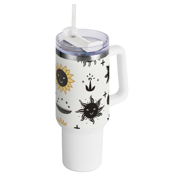 Sun Face Leaves 40 oz Tumbler with Handle Insulated&nbsp;Travel Mug&nbsp;Lid Straw Leak Proof Steel Vacuum Water Bottles Glasses Fits in Car Cup Holder