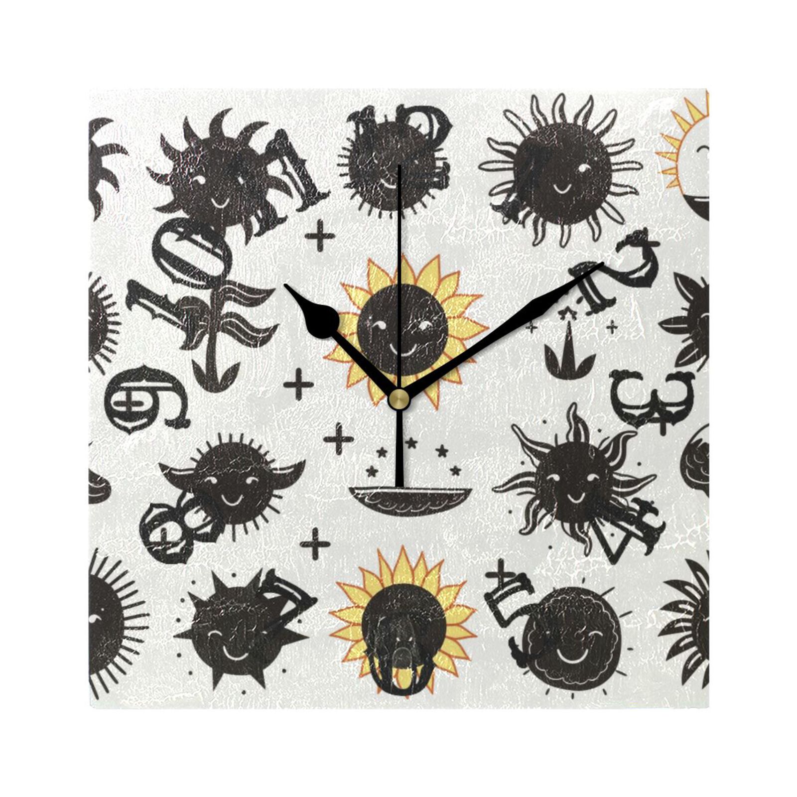 Sun Face Leaves Wall Clock Square Silent Non Ticking Battery Operated ...