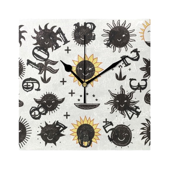 Sun Face Leaves Wall Clock Square Silent Non Ticking Battery Operated Clock for Home Bathroom Kitchen Bedroom Living Room