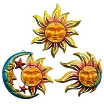 Sun Face Metal Wall Art Dcor Outdoor Indoor, Sun Moon Star, Metal & Glass Hanging Wall Decoration for Living Room Bedroom Bathroom Garden Patio Porch Fence Balcony, Set of 3, 9 inch Large.