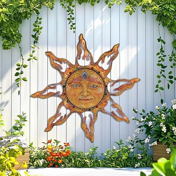 Sun Face Metal Wall Sculpture, MosaicStyle Iron Sunburst Hanging Ornament, Textured Wall Art for Yard Balcony Living Room Decor
