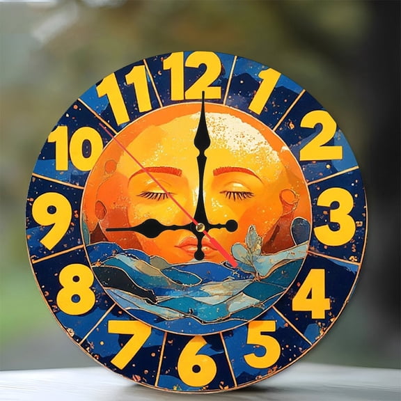 Sun Face Ocean Wall Clock Home Decor 10-Inch Silent Wooden Wall Clock, Battery Operated (AA Batteries Not Included), Artistic Home Decor