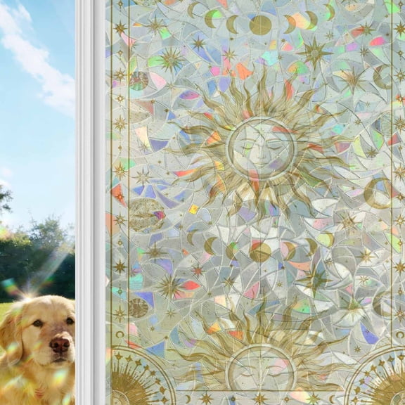 Sun Face Rainbow Window Privacy Film, Vintage Boho Mystical Gold Radiant Beam Moon Phases Star Stained Glass Window Film, Sun Blocking Glass Clings Non Adhesive Door Stickers 19.6 x 39.3 Inches