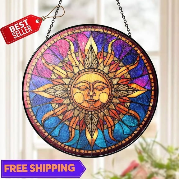 Sun Face Suncatcher, Glass-Effect Boho Celestial Window Hanging