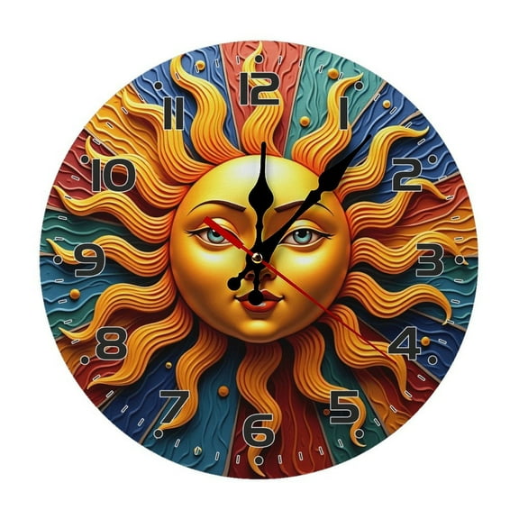 Sun Face Sunflower Wall Clock 10 Inch Silent Non Ticking Round Wooden Clock Decoration for Living Room Kitchen Bedroom Bathroom Office Classroom