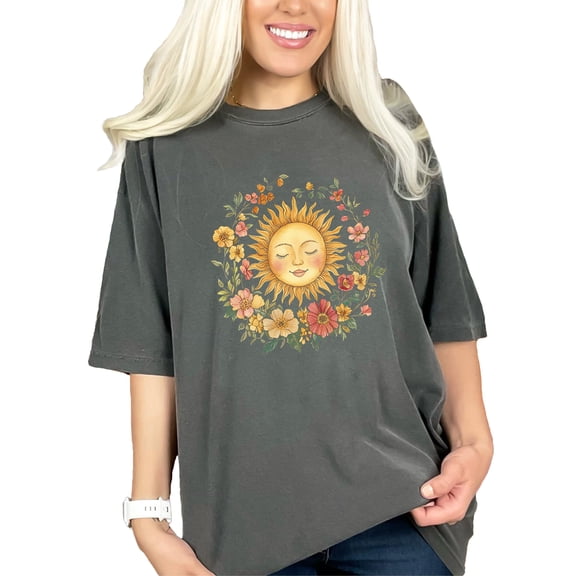 Sun Face Surrounded by Flowers Graphic Tee, Boho Sunflower Bloom TShirt, Sun and Floral Wreath Shirt, Cottagecore Aesthetic Tee, Pepper Comfort Colors T-Shirt, Large