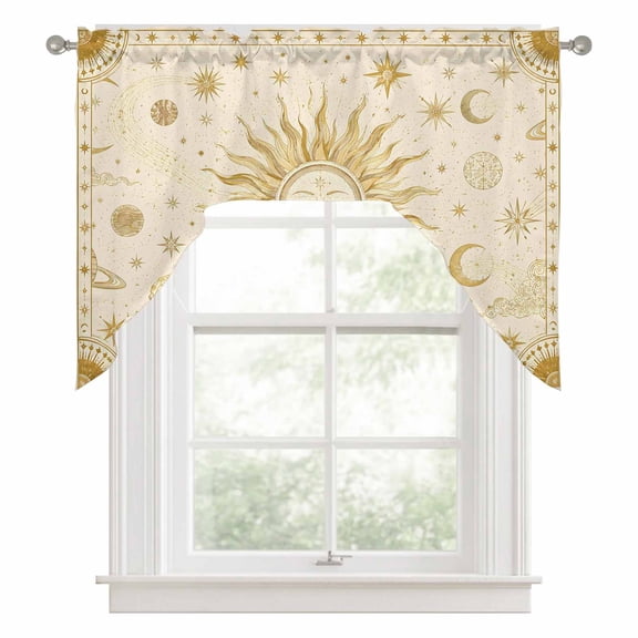 Sun Face Swag Curtain Valance for Windows, Vintage Boho Mystical Gold Radiant Beam Moon Phases Star Swag Curtains Drapes Rod Pocket for Kitchen Bathroom Small Window, 1 Panel 56x36in