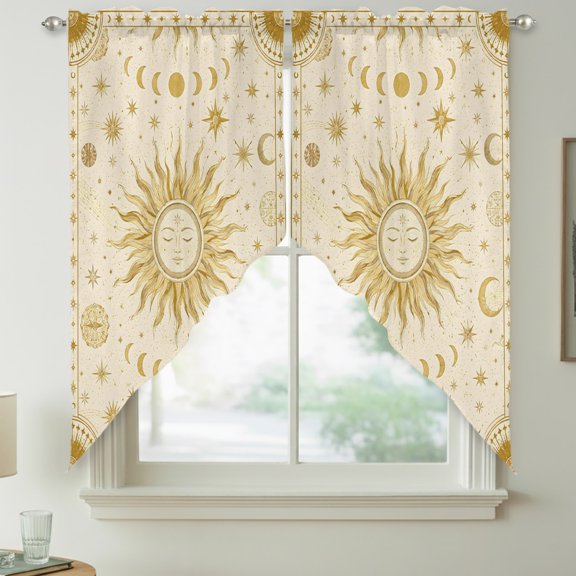 Sun Face Swag Curtain Valances for Kitchen, Vintage Boho Mystical Gold Radiant Beam Moon Phases Star Rod Pocket Curtains Window Treatment Swag Valance for Bedroom Bathroom, 2 Panels 36 x 63 Inch