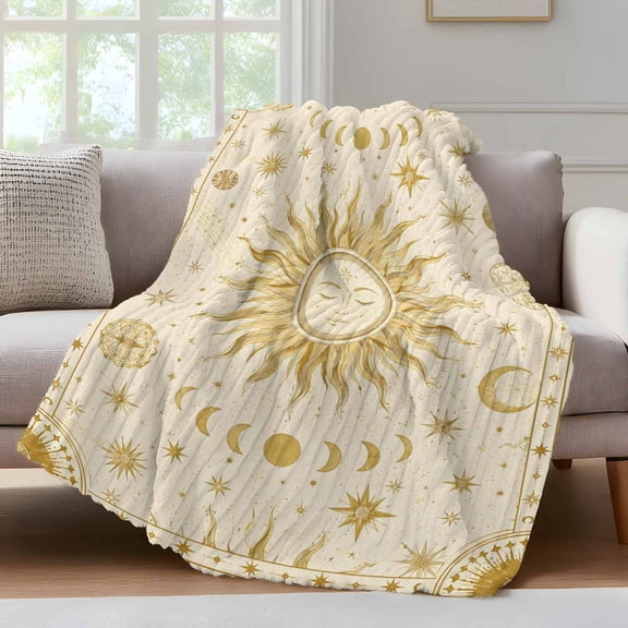 Sun Face Throw Blanket for Couch Vintage Boho Mystical Gold Radiant Beam Moon Phases Star Soft and Warm Flannel 3D Striped Fuzzy Fleece Blanket Lightweight Throw for Bed, Sofa 30 x 40 Inches