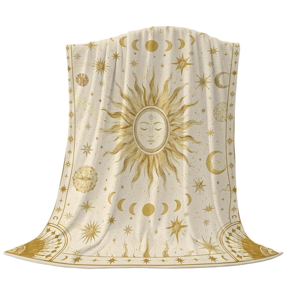 Sun Face Throw Flannel Blanket Vintage Boho Mystical Gold Radiant Beam Moon Phases Star Super Soft Cozy Bed Blanket, Lightweight Plush Fuzzy Bed Throw for Bedroom Sofa Couch Living Room 30x40in