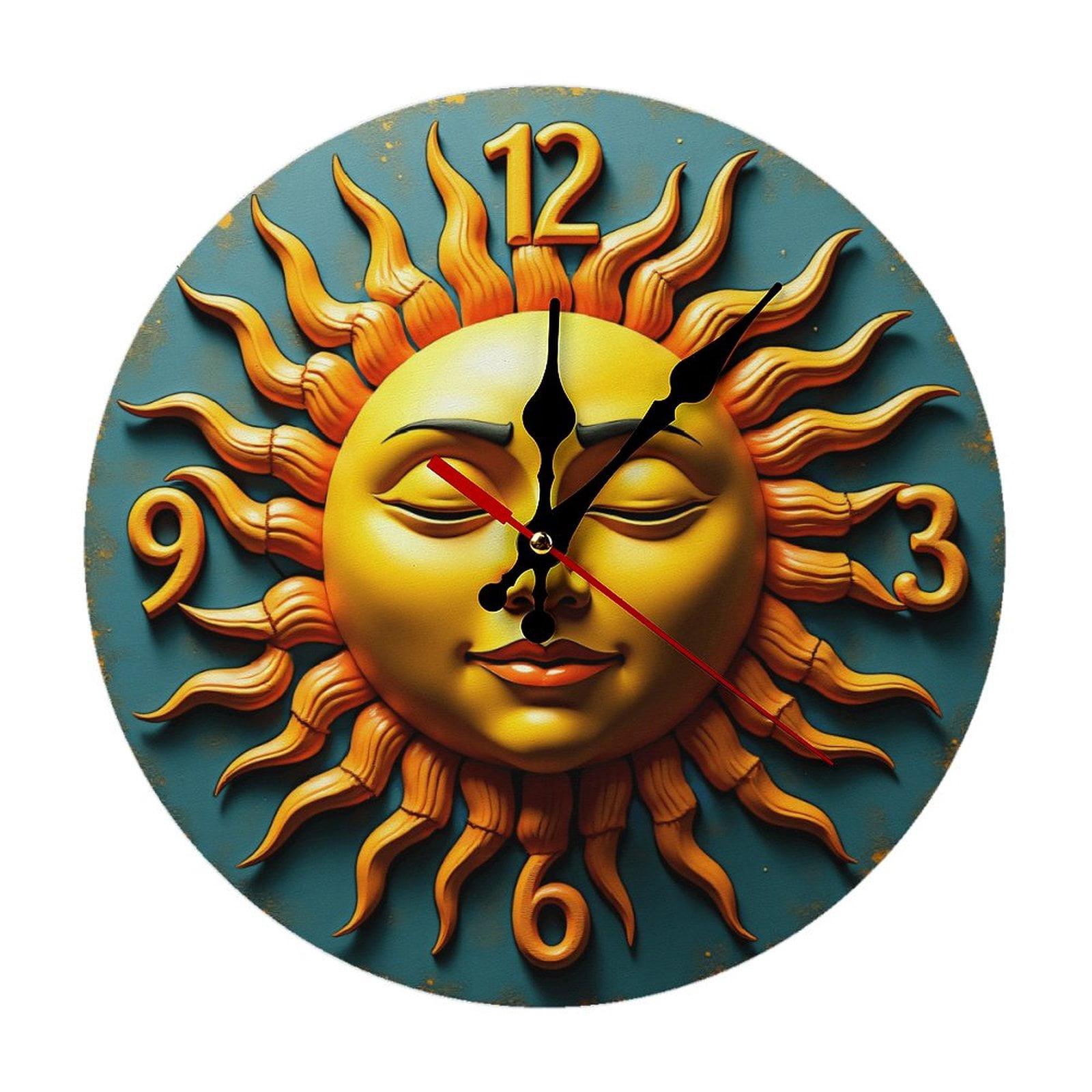 Sun Face Wall Clock 10 Inch Silent Non Ticking Round Wooden Clock ...