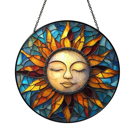 Sun Face Window Hanging Decor, Stained Glass Style Abstract Suncatcher, Decorative Glass Panel for Windows