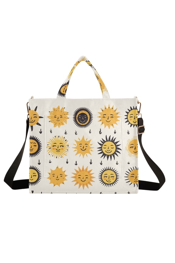 Sun Faces Corduroy Tote Bag Handbag Large Messenger Bag Shoulder Crossbody Zipper Bag Purse