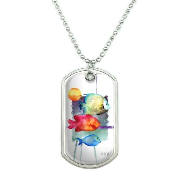 Sun Fish Watercolor Tropical Beach Military Dog Tag Pendant Necklace with Chain