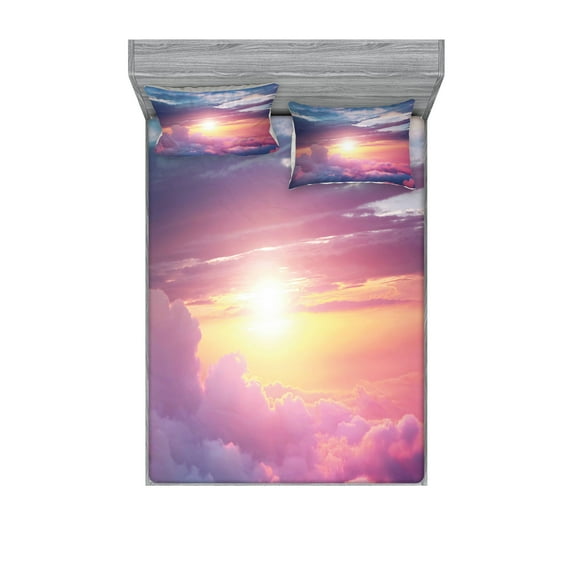 Sun Fitted Sheet & Pillow Sham Set, Surreal Sky with Fluffy Clouds Dreamy Horizon Tranquility Panorama, Decorative Printed 6 Piece Bedding Decor Set, Full, Pale Pink Pale Blue, by Ambesonne