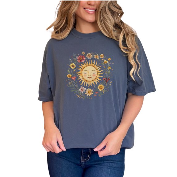 Sun and Floral Graphic T-Shirt, Boho Sunflower Tee, Summer Sun Shirt, Retro Sun and Flowers Top, Spiritual Gift for Women, Vintage Style, Denim Comfort Colors T-Shirt, Small