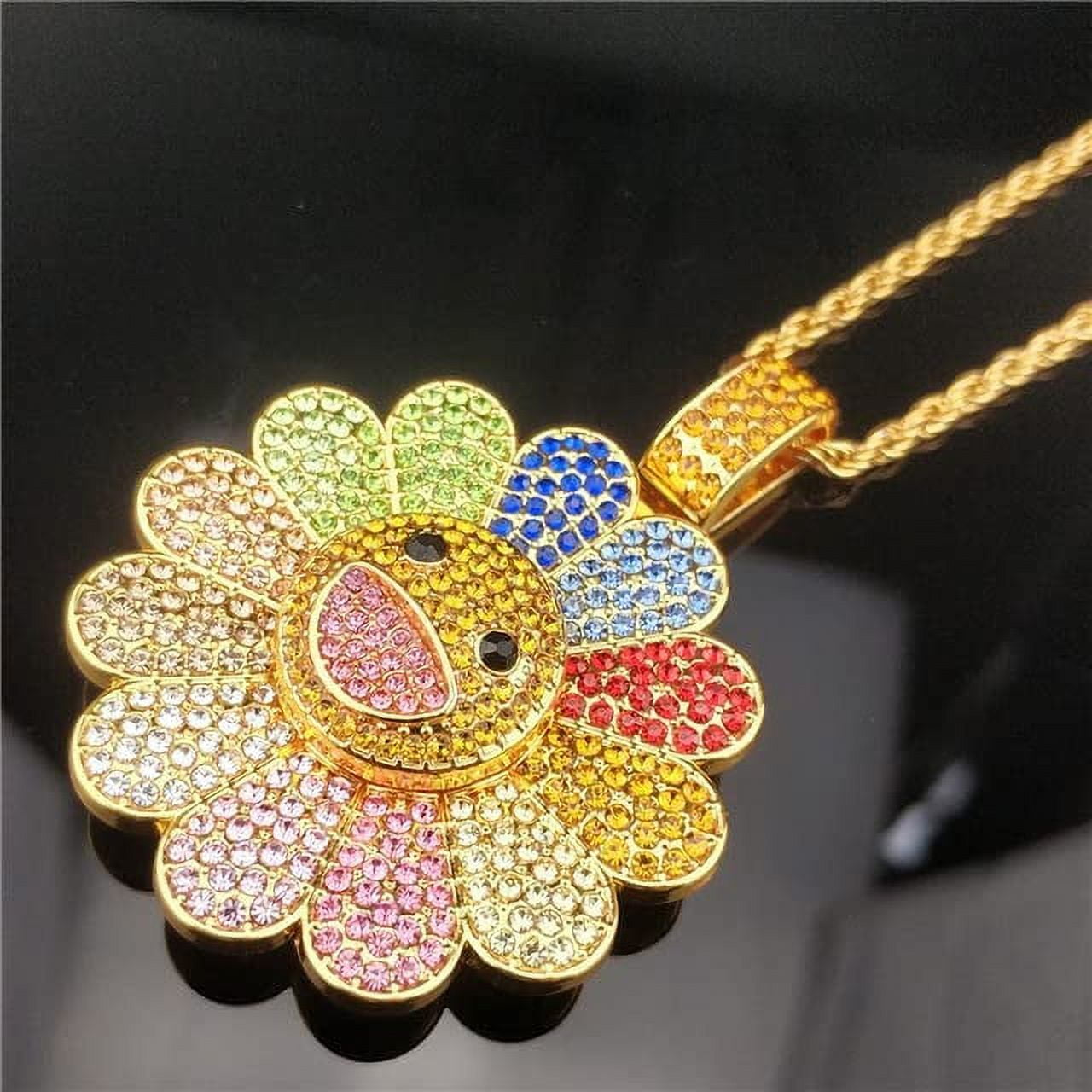 Sun Flower Smiley Takashi Murakami Necklace Spinning Iced Out Pendant Necklace Murakami Colorful Petal Smiley Face Rope Chain Rotable Pendant Walmart