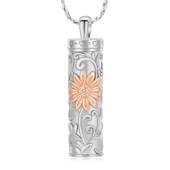 Sun Flower Urn Necklace Cylinder Bar Heart Cylinder Urn Necklace for Ashes Keepsake Memory Keepsake Cremation Jewelry