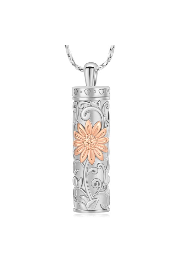 Sun Flower Urn Necklace Cylinder Bar Heart Cylinder Urn Necklace for Ashes Keepsake Memory Keepsake Cremation Jewelry