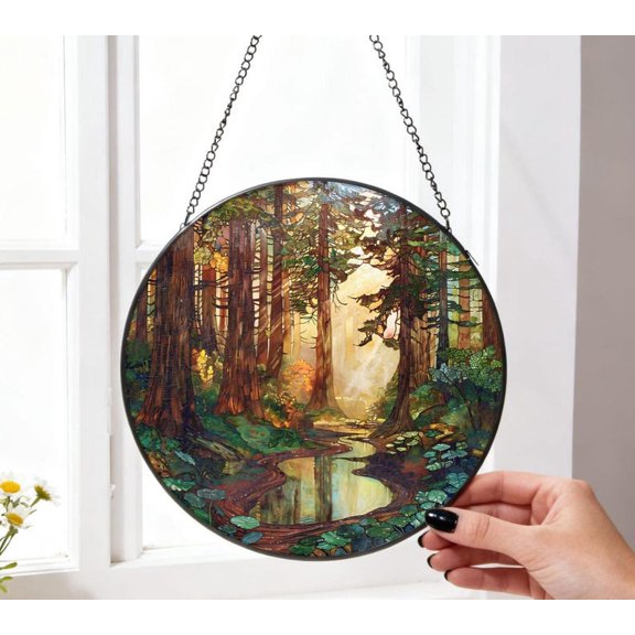 Sun Forest Stained Glass SuncatcherRed Wood Glass Suncatcher HandmadeNature Forest Window Hanging Housewarming GiftForest Decor