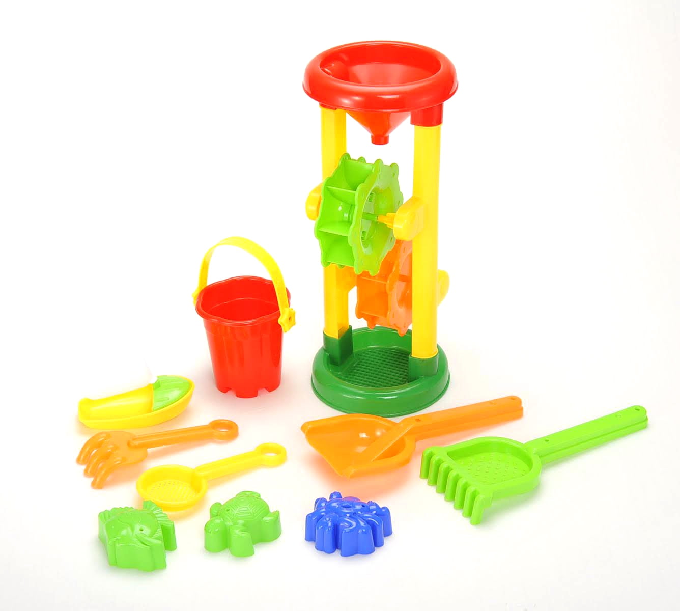 Sun & Fun PlayWorld Double Sand Wheel Beach Toy Set with Bucket, Shovels, Rakes, Sailboat and 3 Molds