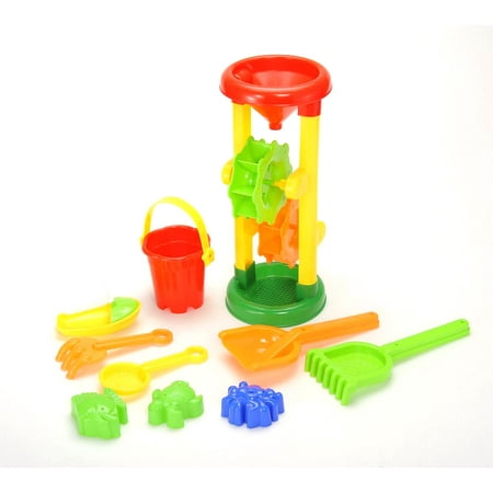 Sun & Fun PlayWorld Double Sand Wheel Beach Toy Set with Bucket, Shovels, Rakes, Sailboat and 3 Molds