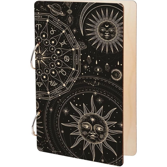 Sun Greeting Card Holder Planning Book Organizer Wooden Card Keeper Binder Divination Sun Moon Birthday Cards Keeper Photo Album 2-Rings Cover Wedding Planner Journal Keepsake Gifts