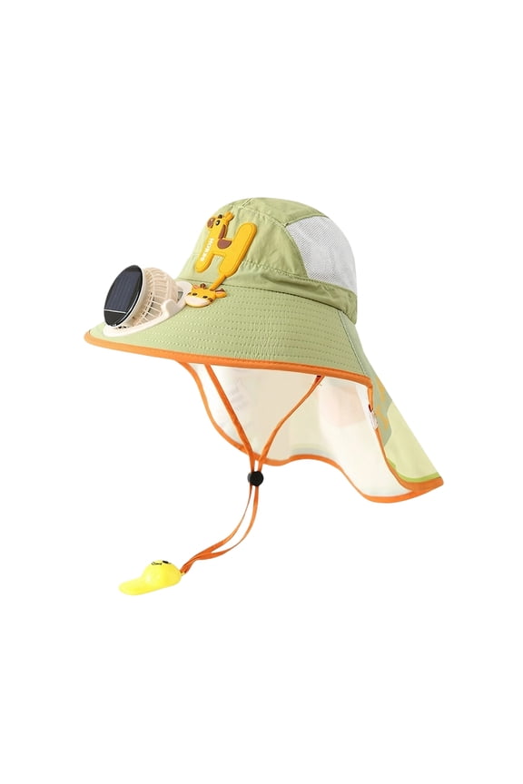 Sun Hat Beach Hat with Wide Brim Neck Flap Adjustable Sun Protection Hat with Fans Solar Power Cap Mesh Panels Chin Strap Quick Drying Hat for Children Kids